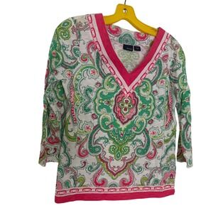 Basic Editions Green Pink Geometric Patterned V-Neck Blouse Size Small